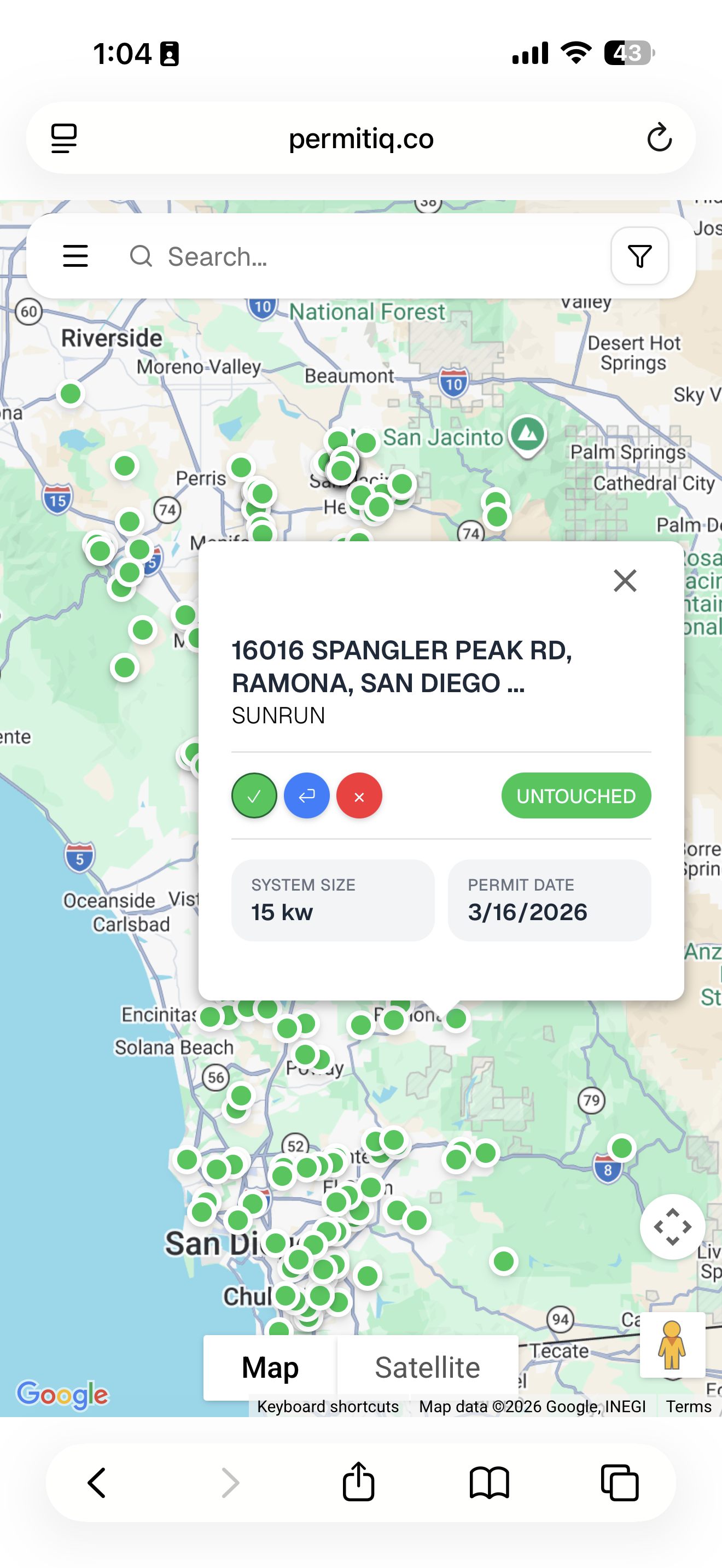 PermitIQ live permit map showing solar permits across San Diego territory